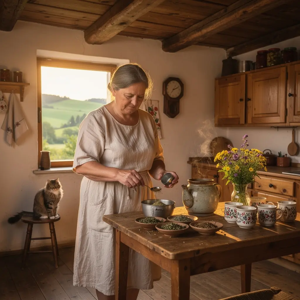Zátišie s hrnčekom bylinkového čaju a voňavými bylinami na relaxačný večer.